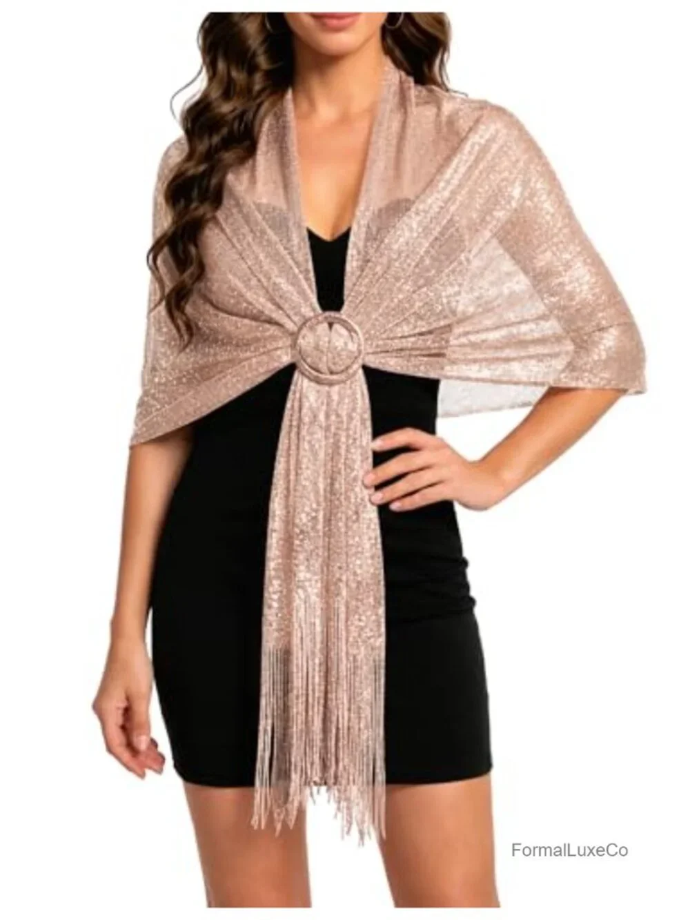 Metallic Glitter Pashmina Shawl Wrap with Buckle, 100% Polyester, Formal